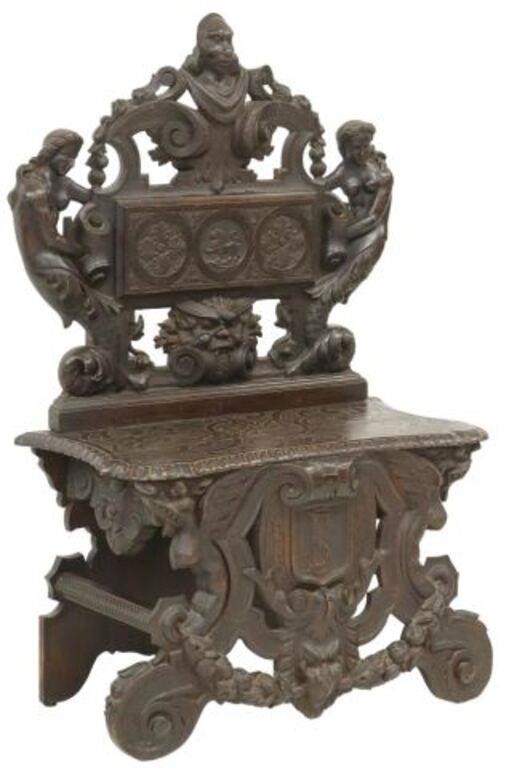 Appraisal: Italian Renaissance Revival carved hall bench chair th c crest