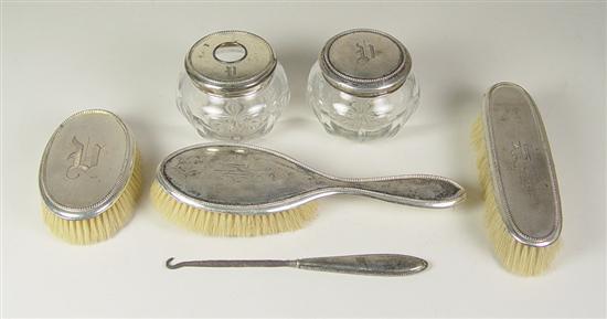 Appraisal: Sterling Dresser Set Circa Six pieces including powder jar hair