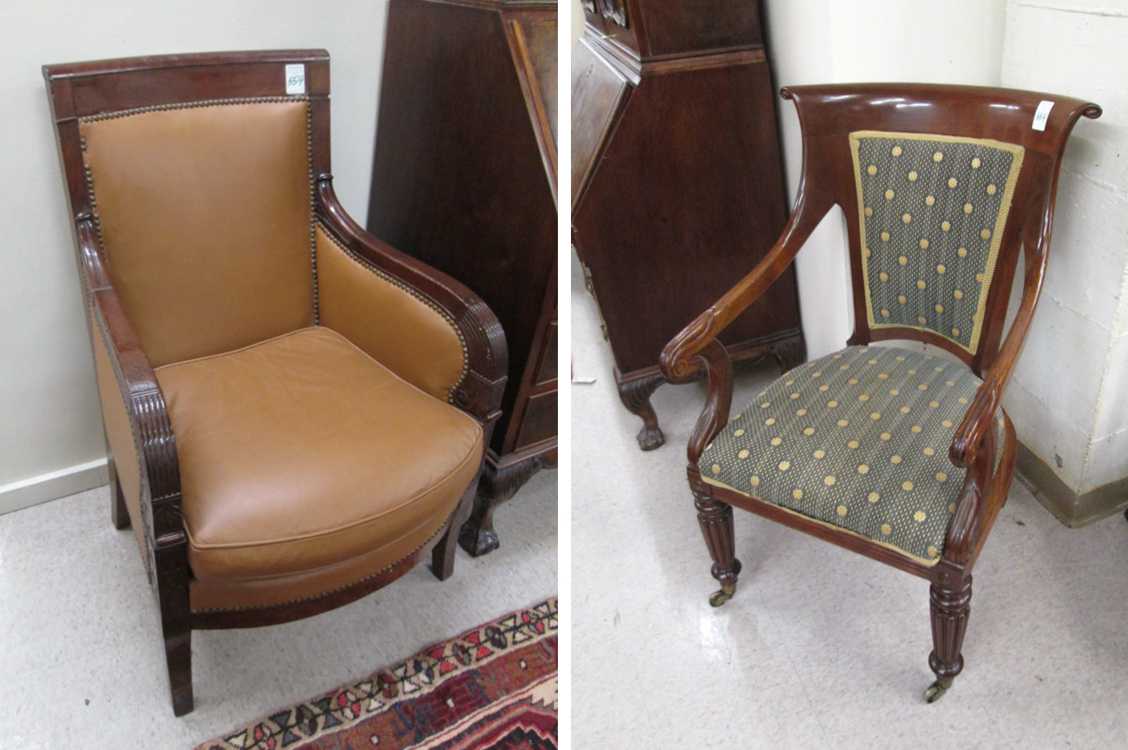 Appraisal: TWO ENGLISH ANTIQUE MAHOGANY ARMCHAIRS a Regency armchair with leather