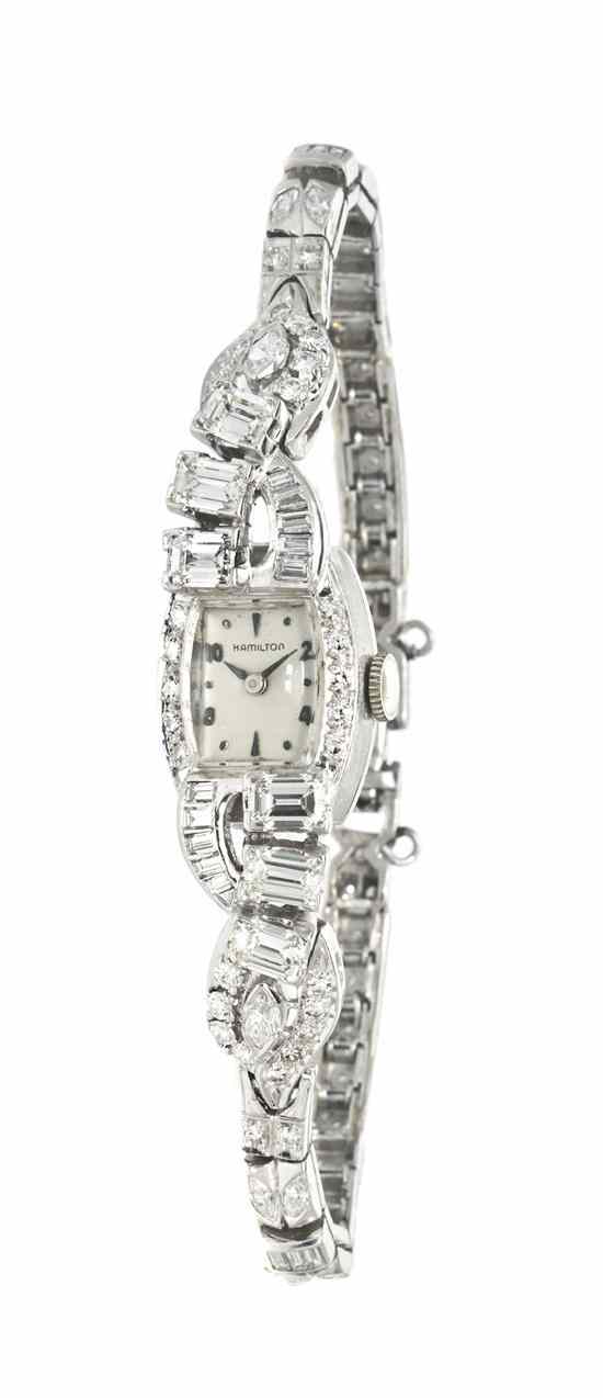 Appraisal: A Platinum and Diamond Mechanical Wristwatch Hamilton x mm case