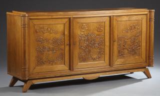 Appraisal: French Art Nouveau Carved Oak Sideboard c the stepped cookie