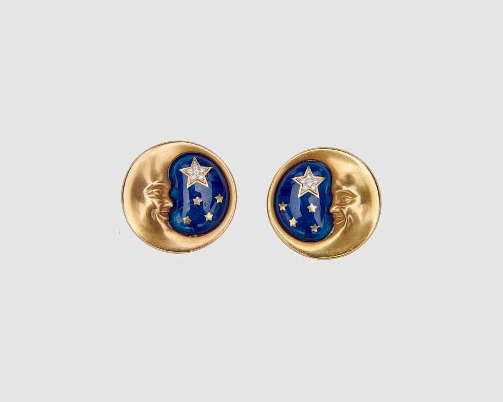 Appraisal: K Yellow Gold Enamel and Diamond Earclips K Yellow Gold