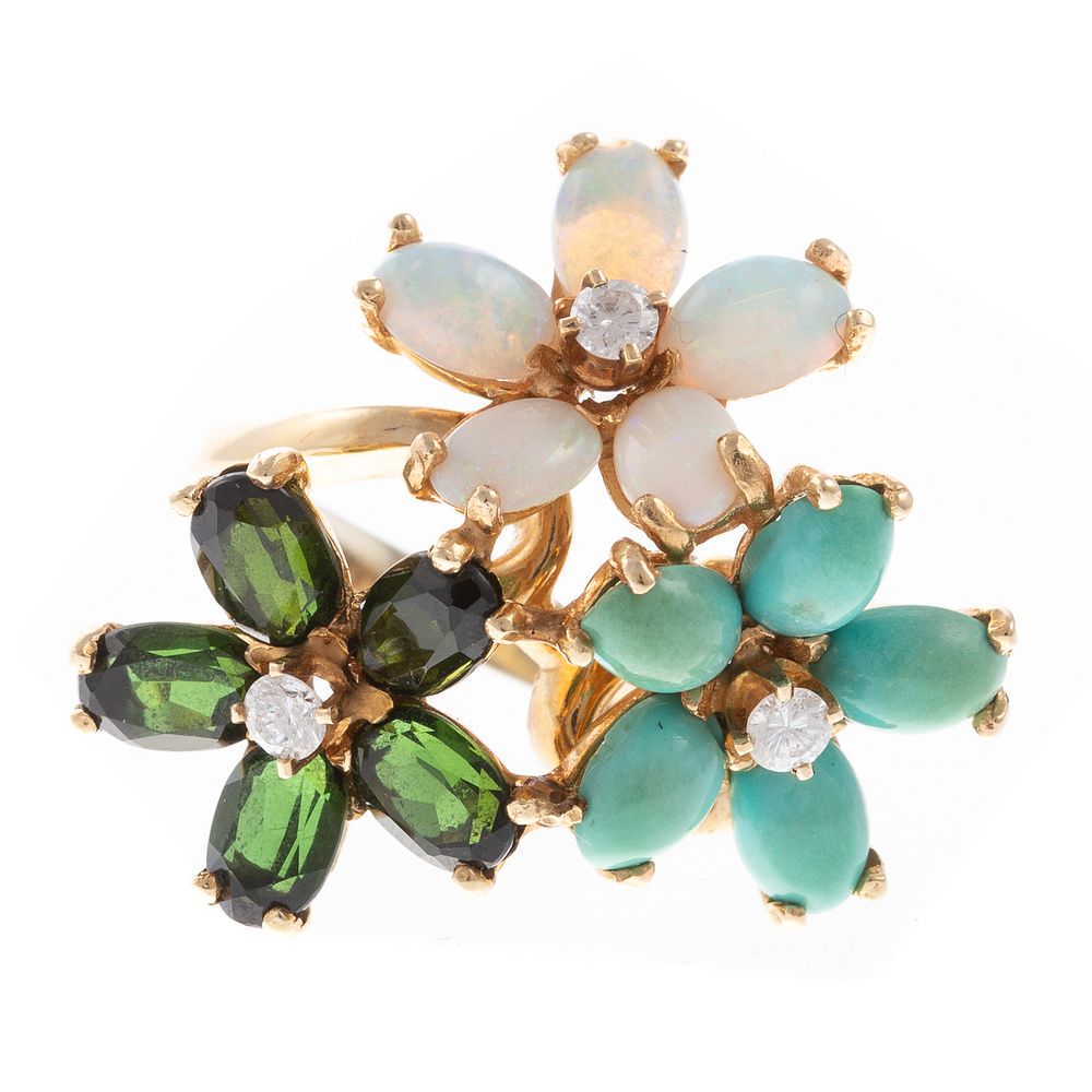 Appraisal: A K Tourmaline Opal Turquoise Flower Ring K yellow gold