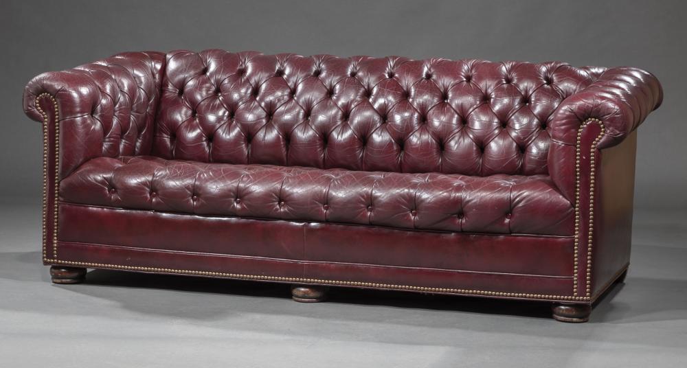 Appraisal: Leather Chesterfield Sofa button tufted back seat and arms nailhead