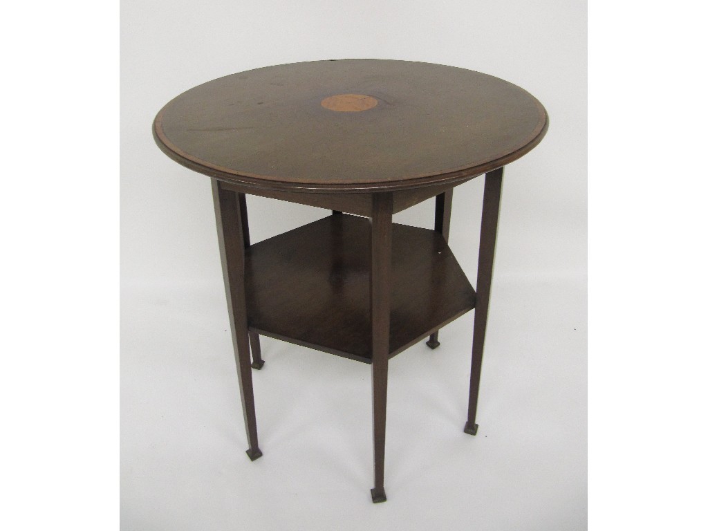 Appraisal: An Edwardian mahogany inlaid window table the circular top decorated