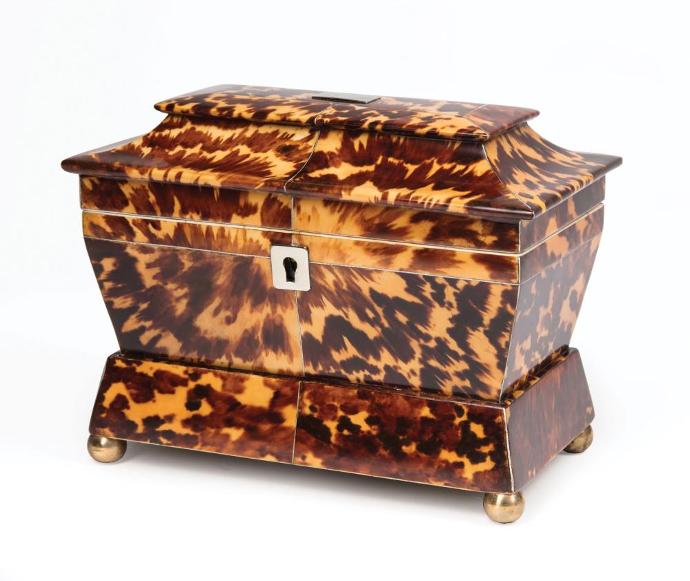 Appraisal: George III Tortoiseshell Tea Caddy early th c sarcophagus form