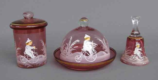 Appraisal: Lot Mary Gregory style pieces with painted cyclists Good cond