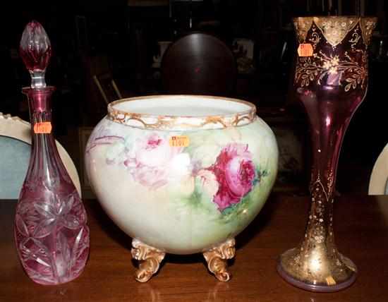 Appraisal: Czecho-Bohemian cranberry cut-to-clear decanter Continental cranberry glass vase and a