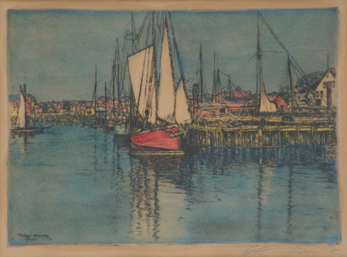 Appraisal: E T HURLEY Colored etching of a harbor scene Matted