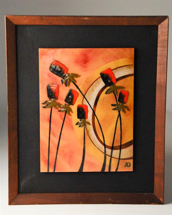 Appraisal: Floral Form Enamel on Metal signed JD in wood frame