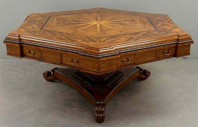 Appraisal: Fine English Regency hexagonal center hall table the intricately inlaid