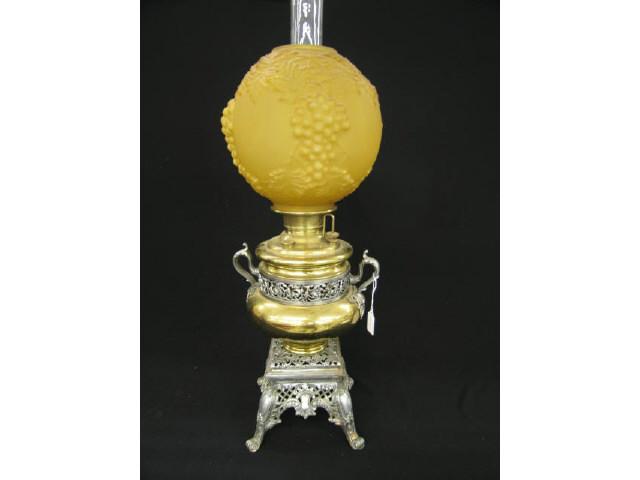 Appraisal: Victorian Banquet Lamp amber satin grape vine shade ornate brass