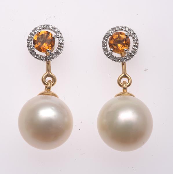 Appraisal: A PAIR OF SOUTH SEA PEARL CITRINE AND DIAMOND EARRINGS