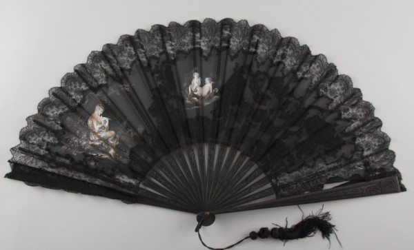 Appraisal: Fan with hand painted figures on black lace fan t