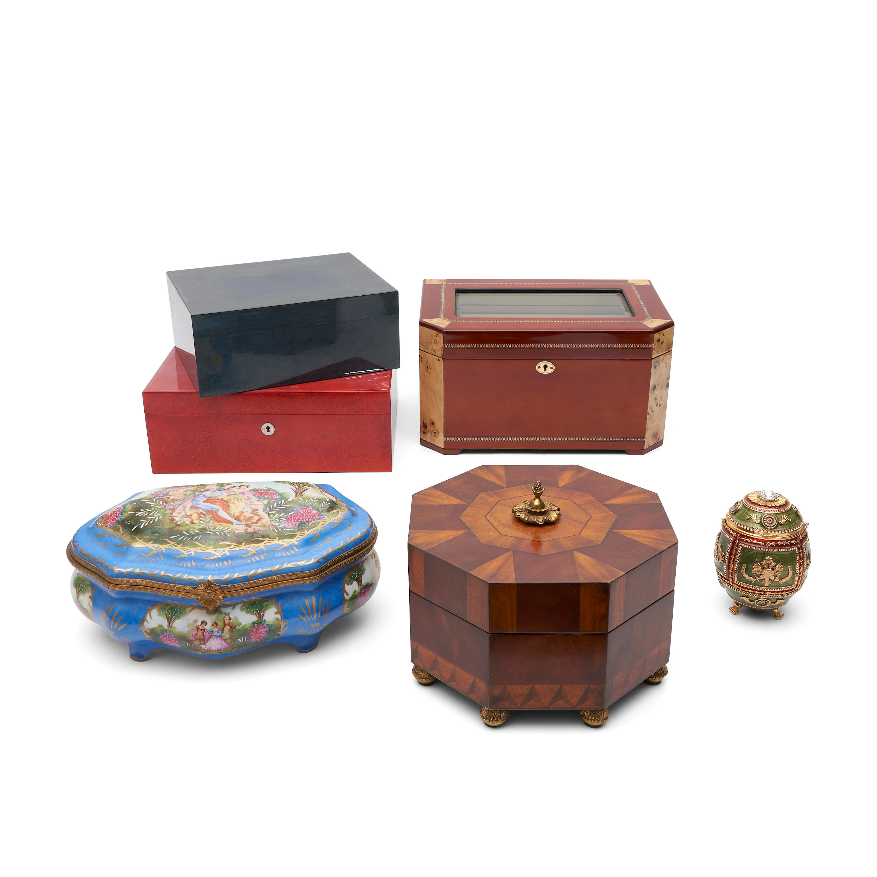 Appraisal: SIX ASSORTED JEWELRY BOXES including a larger red lacquered box