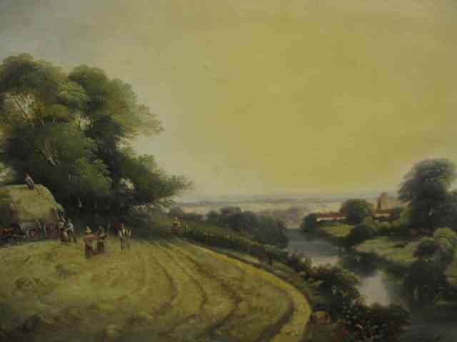 Appraisal: Searby Willis Oil on Canvas European landscape with hayracking and