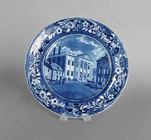 Appraisal: Historical blue Staffordshire plate th c depicting The Bank of