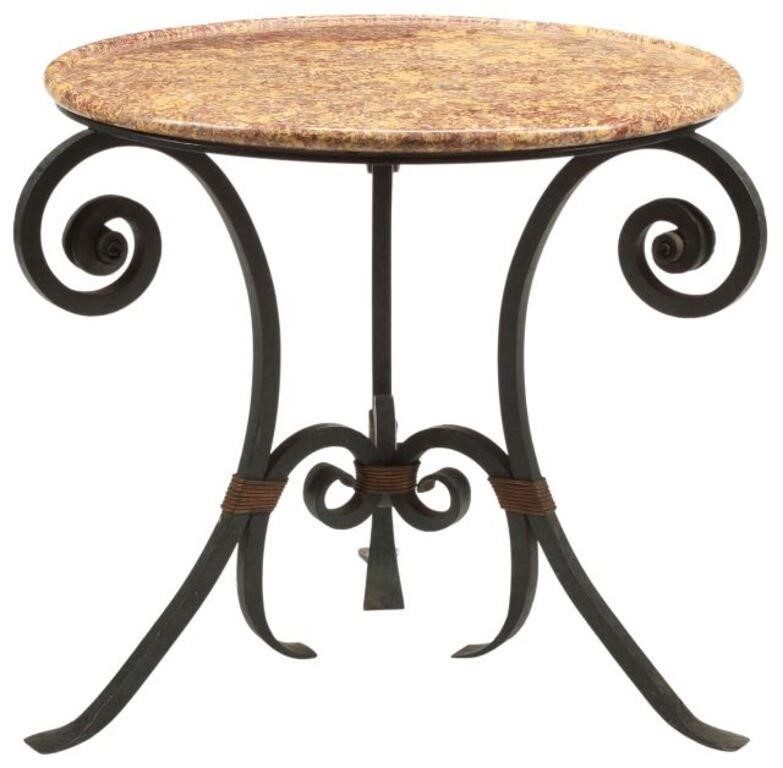 Appraisal: Marble-top wrought iron table approx h diam