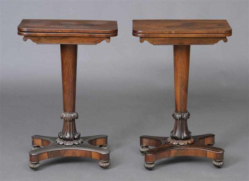 Appraisal: PAIR OF REGENCY ROSEWOOD DIMINUTIVE GAMES TABLES Each rectangular folding