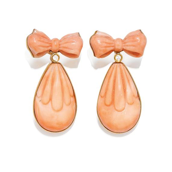 Appraisal: CORAL AND DIAMOND EAR STUDS Yellow gold Decorative ear studs