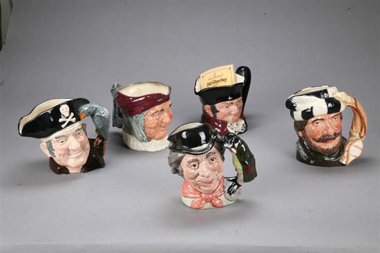 Appraisal: FIVE ROYAL DOULTON CHARACTER JUGS Trapper D in Old Charley