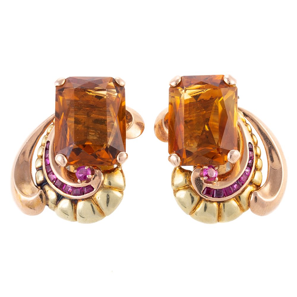 Appraisal: A Pair of Retro Citrine Ruby Earrings in K K