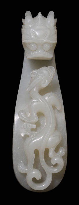 Appraisal: White Jade Belt Hook Chinese possibly th century well-carved grayish-white