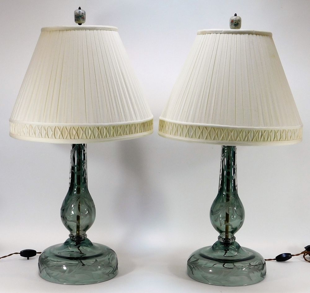 Appraisal: PR LG Gray Botanical Etched Glass Table Lamps United States