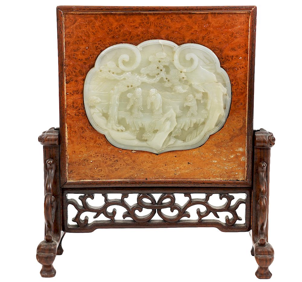 Appraisal: Chinese Carved White Jade Mounted Plaque on Stand Carved Chinese