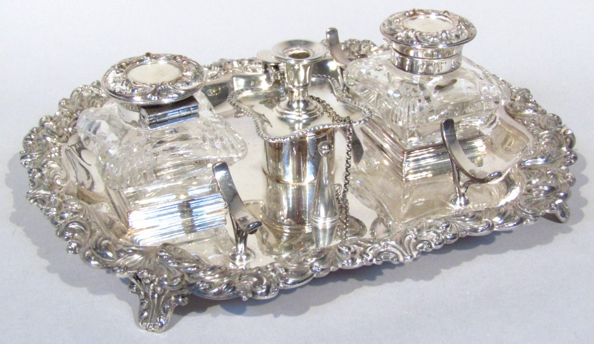 Appraisal: An early thC silver plated and glass ink stand the