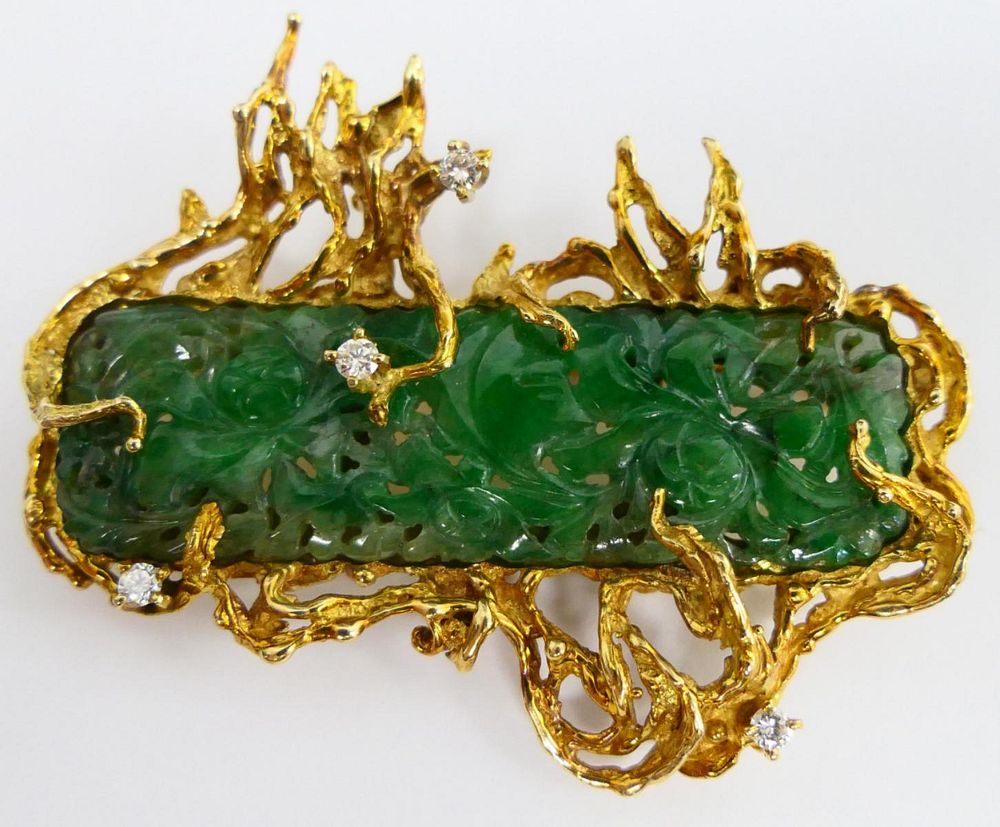 Appraisal: CHINESE INCREDIBLE JADEITE GOLD DIAMOND LG BROOCH Large wide floral