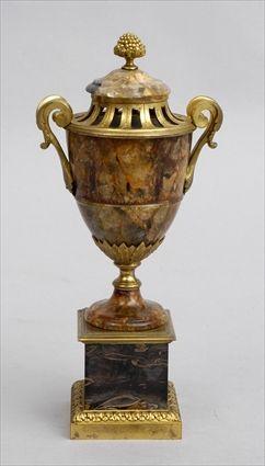 Appraisal: GEORGE III GILT-BRONZE MOUNTED BLUE JOHN URN The ovoid bowl