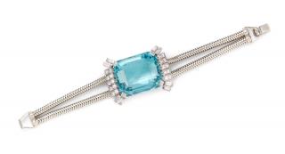 Appraisal: A Platinum White Gold Aquamarine and Diamond Convertible Brooch Bracelet