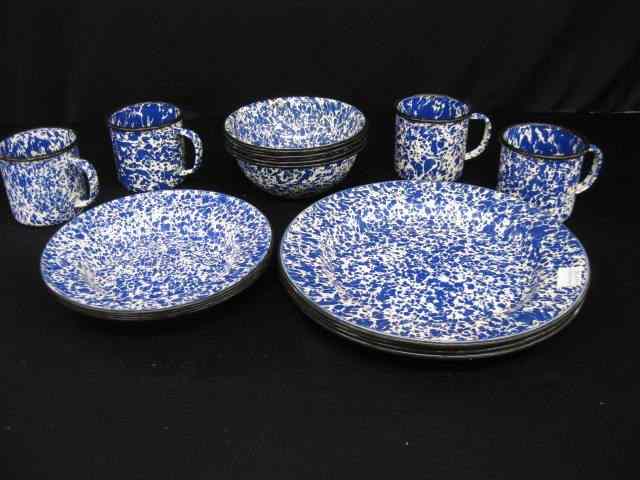 Appraisal: pc Enamelware Dinner Set for blue white spatter decor