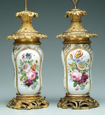 Appraisal: Pair ormolu mounted Old Paris vases fine hand painted bouquets