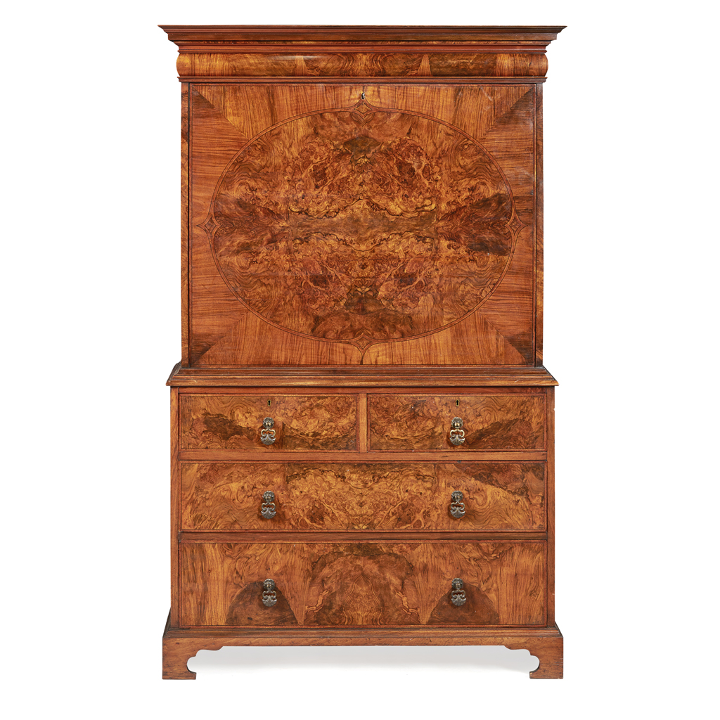 Appraisal: QUEEN ANNE STYLE BURR WALNUT AND WALNUT FALL FRONT SECRETAIRE