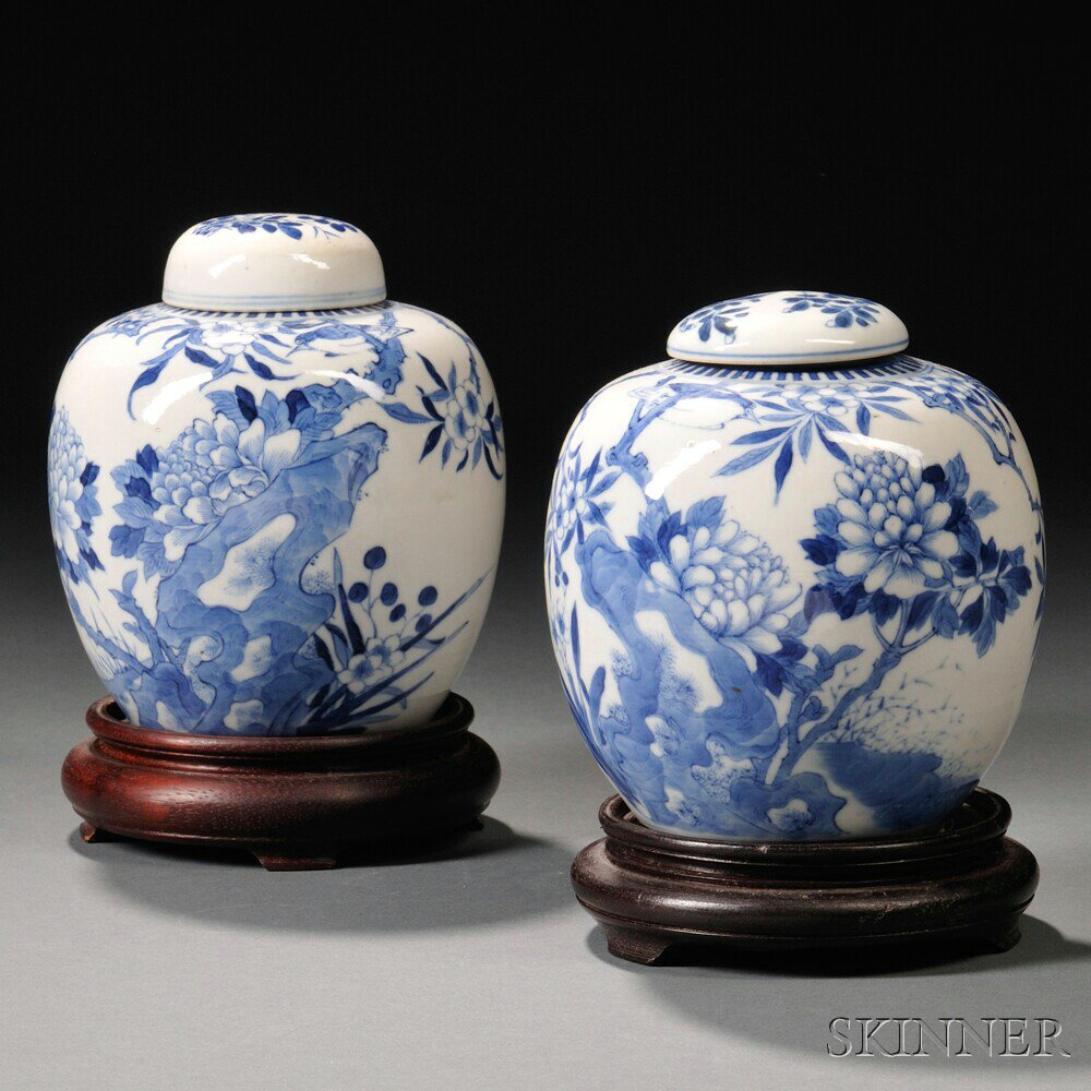 Appraisal: Pair of Blue and White Covered Ginger Jars China th