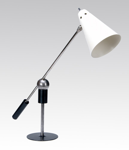 Appraisal: HEIFETZ Table lamp with enameled metal conical shade cantilevered over