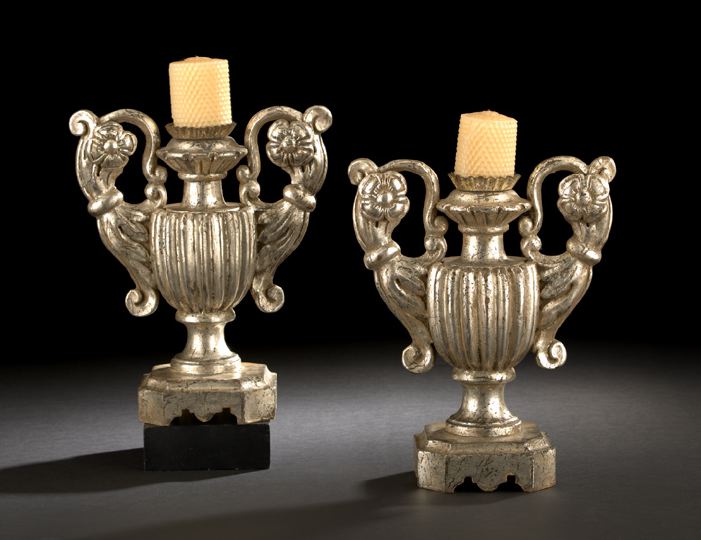 Appraisal: Pair of Italian Carved and Silvered Wooden Pricket Candlesticks of