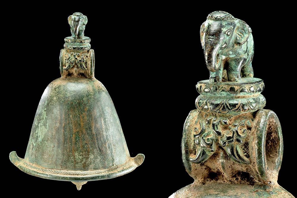 Appraisal: th C Majapahit Leaded Bronze Bell w Elephant Finial Southeast