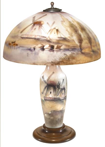 Appraisal: A rare Pairpoint interior-painted glass and porcelain Windmill lamp early