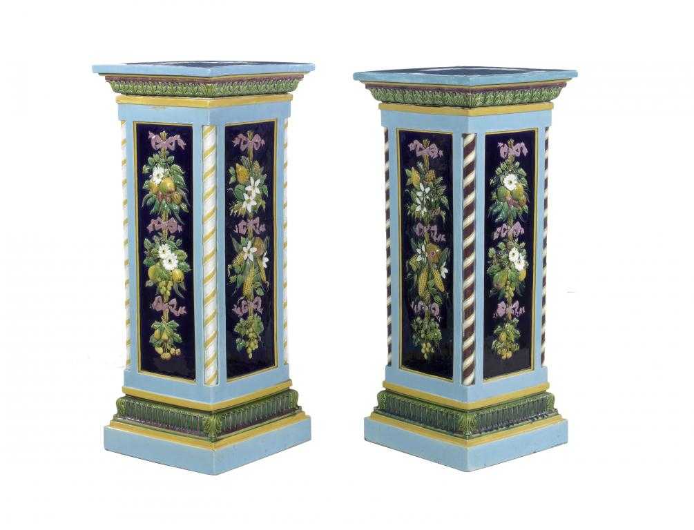 Appraisal: TWO RARE MINTON MAJOLICA PEDESTALS shape of square form each