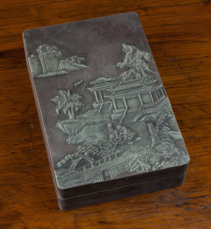 Appraisal: CHINESE INK STONE IN BOX Jiaqing Mark lid depicting tea