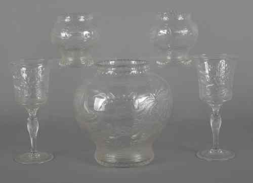 Appraisal: Five pieces of etched clear glass tallest -