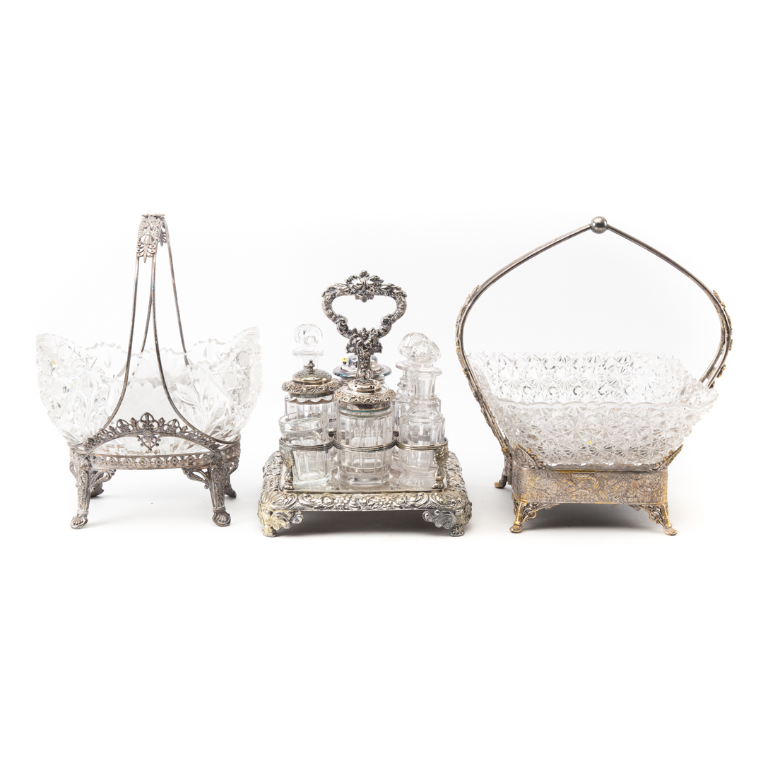 Appraisal: Three silver-plated and glass objects including cruet stand with eight