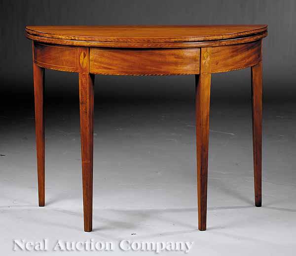 Appraisal: A Federal Inlaid Cherrywood Games Table c demilune top above