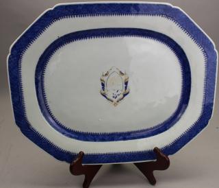 Appraisal: Chinese Export Blue White Porcelain Platter with monogrammed coat of