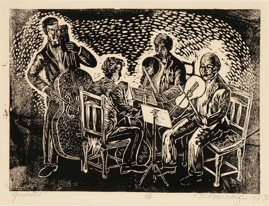 Appraisal: Margaret Taylor Gross Burroughs American b Quartet Linoleum cut signed