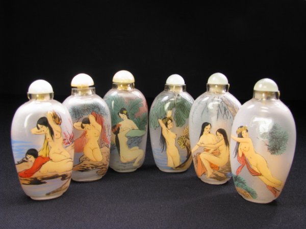 Appraisal: Six th century hand painted glass snuff bottles from China