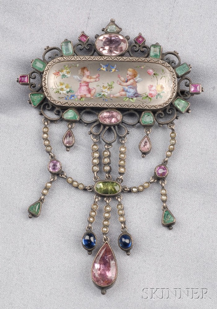 Appraisal: Antique Silver Enamel and Gem-set Pendant Brooch the polychrome enamel